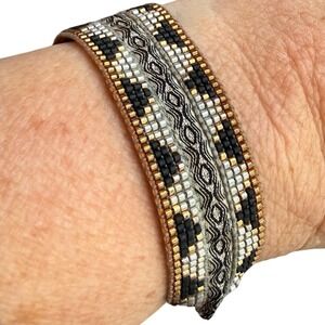 Mishky Woven Beaded Bracelet Gold Black White Adjustable Boho Artisan